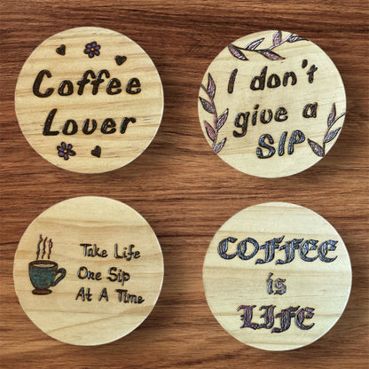 Wooden Coasters 4in by 5/16in Hand Painted Coffee Cold Drinks Holder