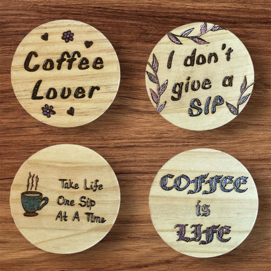 Wooden Coasters 4in by 5/16in Hand Painted Coffee Cold Drinks Holder