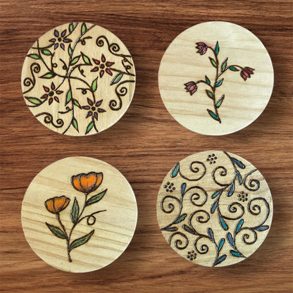 Wooden Coasters 4in by 5/16in Wood Burned Hand Painted Coffee Cold Drinks Holder