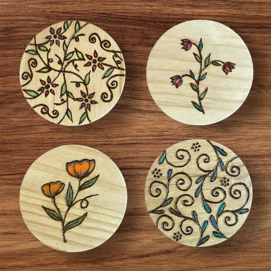 Wooden Coasters 4in by 5/16in Wood Burned Hand Painted Coffee Cold Drinks Holder