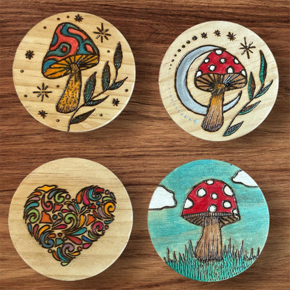 Wooden Coasters 4in by 5/16in Wood Burned Hand Painted Mushrooms Moon Designs