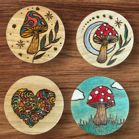 Wooden Coasters 4in by 5/16in Wood Burned Hand Painted Mushrooms Moon Designs