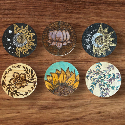 Wooden Coasters 4in by 5/16in Wood Burned Hand Painted Mushrooms Moon Designs (Copy)