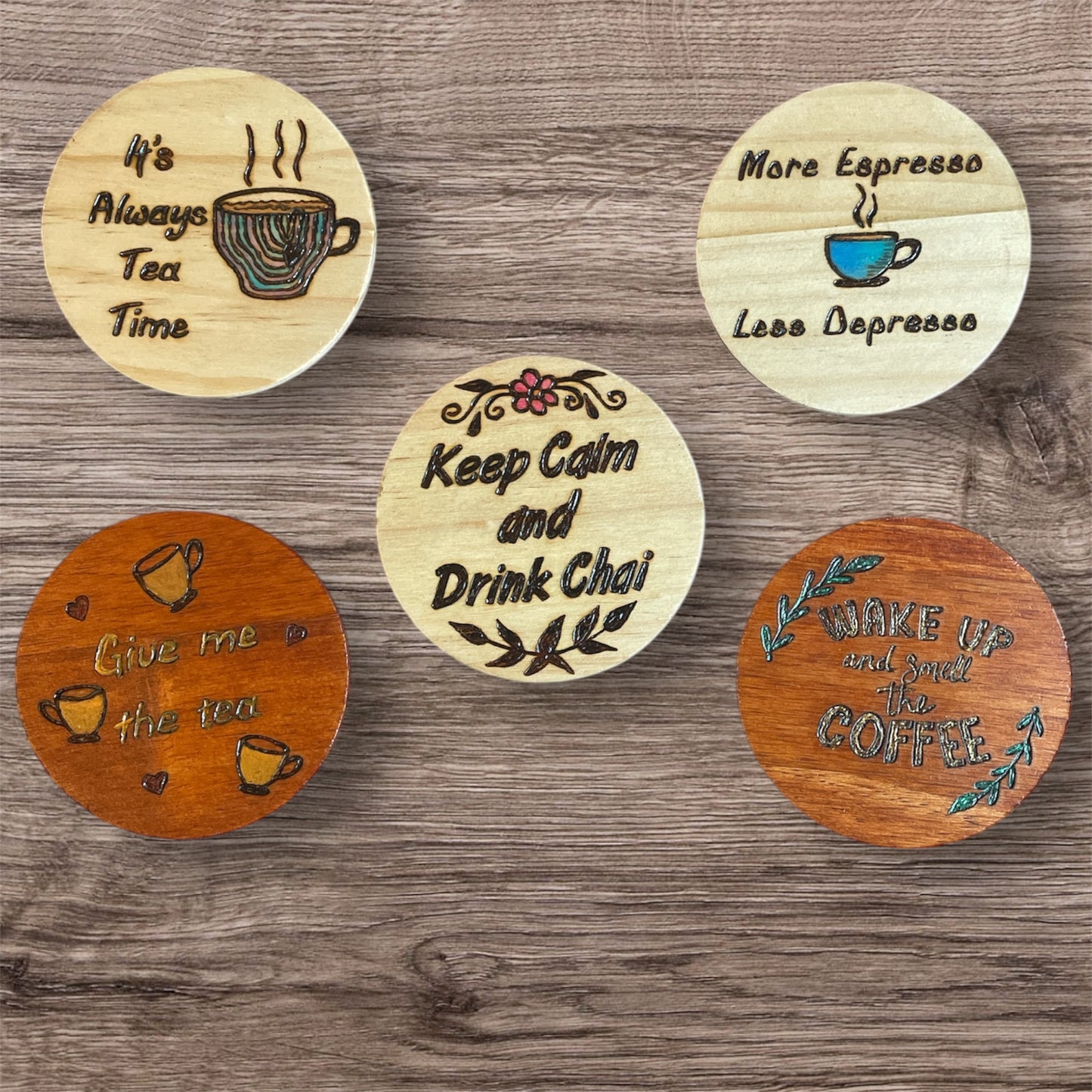 Wooden Coasters 4in by 5/16in Wood Burned Hand Painted Funny Quotes Designs