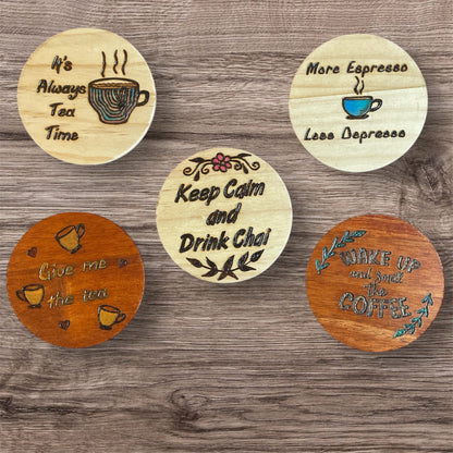 Wooden Coasters 4in by 5/16in Wood Burned Hand Painted Funny Quotes Designs