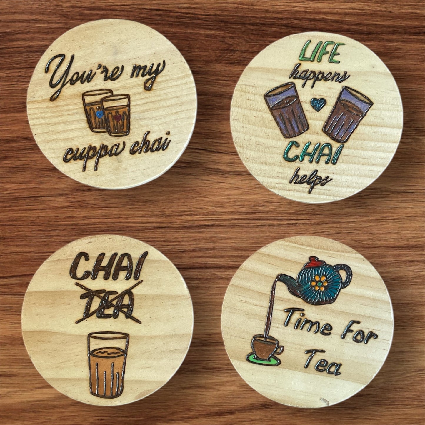 Wooden Coasters 4in by 5/16in Wood Burned Hand Painted Chai Quotes and Designs