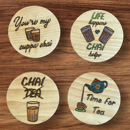 Wooden Coasters 4in by 5/16in Wood Burned Hand Painted Chai Quotes and Designs