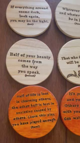 Handmade Round Wood Coasters| Rumi | Thoughtful Quotes