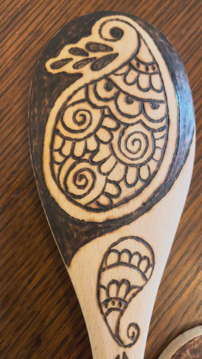 Beechwood 14" Cooking Spoons| Eco-friendly| Floral| Sun and Moon| peacock Designs