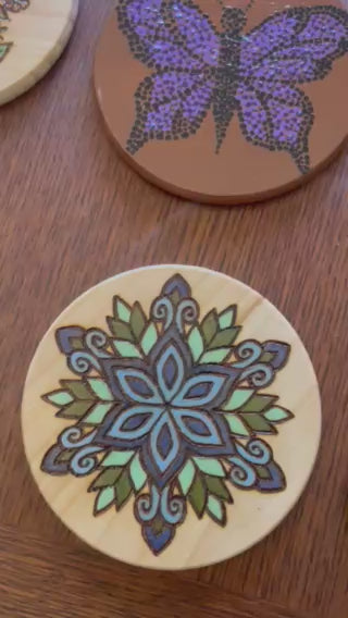 Wood Coasters| Wood Burned and Painted Designs| Handmade
