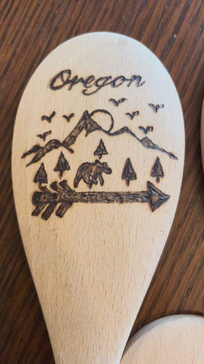 Cooking Spoons| beechwood 14"| Eco-friendly| Oregon Lovers-PNW Roots- Wood Burned Designs