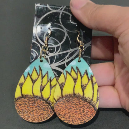 Sun rays Floral Earrings Handmade Wood Burned and painted Fashion Light Weight Teardrop