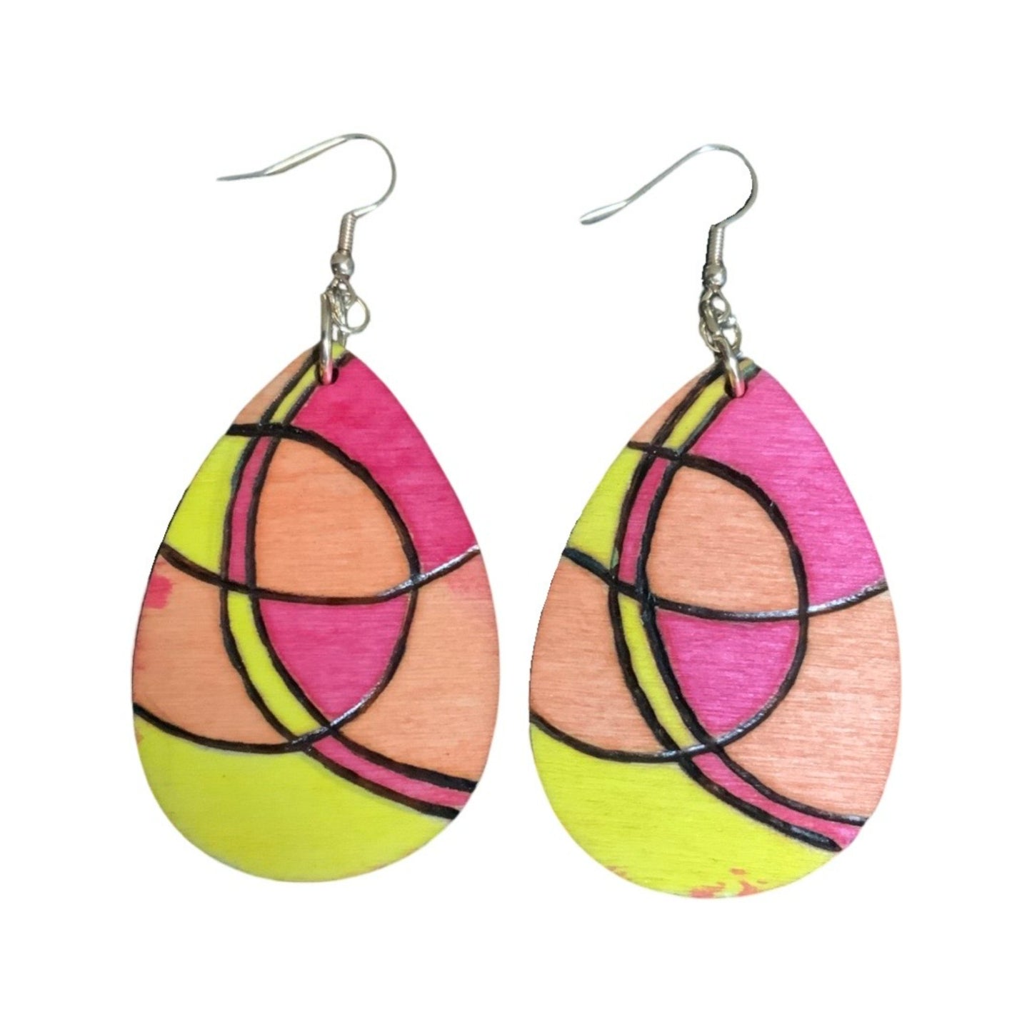 Pendientes de diseño geométrico Madera hecha a mano Quemada y pintada Moda Lágrima ligera