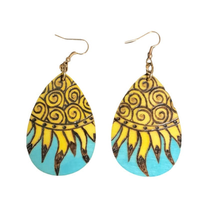 Sun rays Floral Earrings Handmade Wood Burned and painted Fashion Light Weight Teardrop