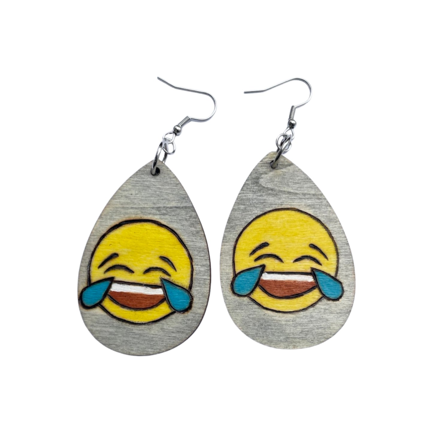 Laughing Emoji Earrings Handmade Wood Burned and painted Fashion Light Weight Teardrop