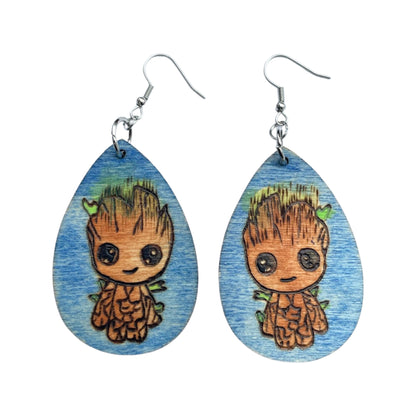 Groot Earrings Handmade Wood Burned and painted Fashion Light Weight Teardrop