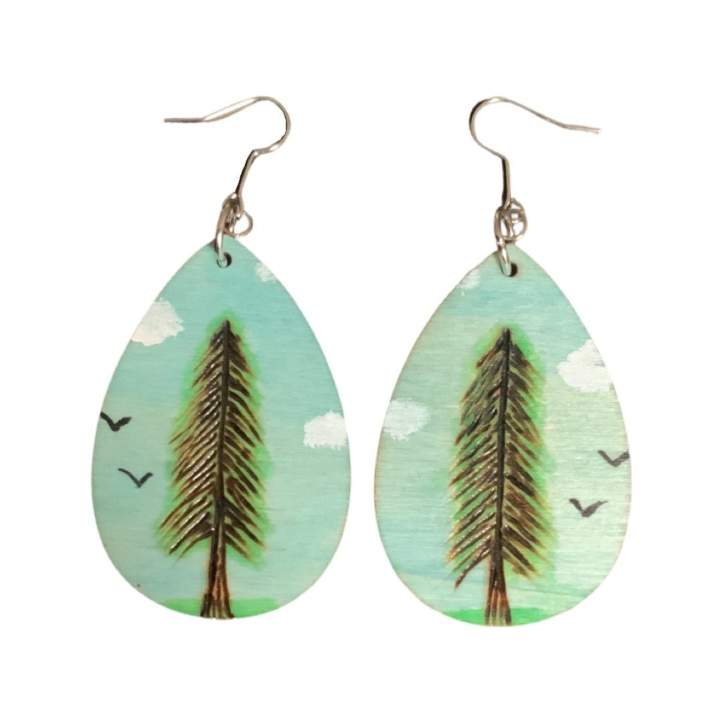 Pine Trees Birds Earrings Handmade Wood Burned and painted Fashion Light Weight Teardrop