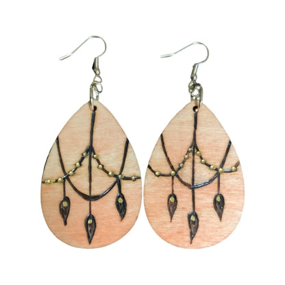 Earrings Handmade Wood Burned and painted Fashion Light Weight Teardrop