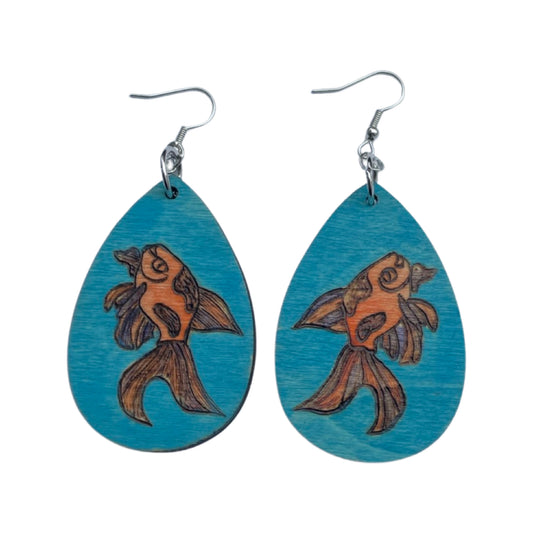 Pendientes de pescado Alfa Beta Madera hecha a mano quemada y pintada Moda Lágrima ligera