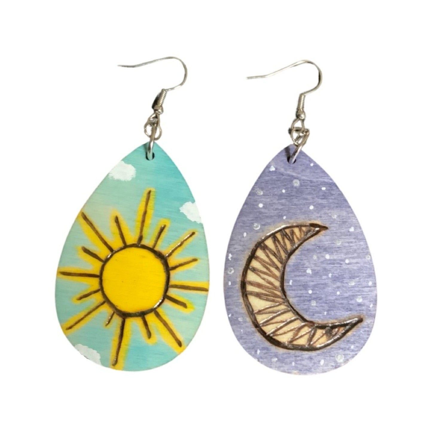 Pendientes de sol y luna hechos a mano madera quemada y pintada moda lágrima ligera