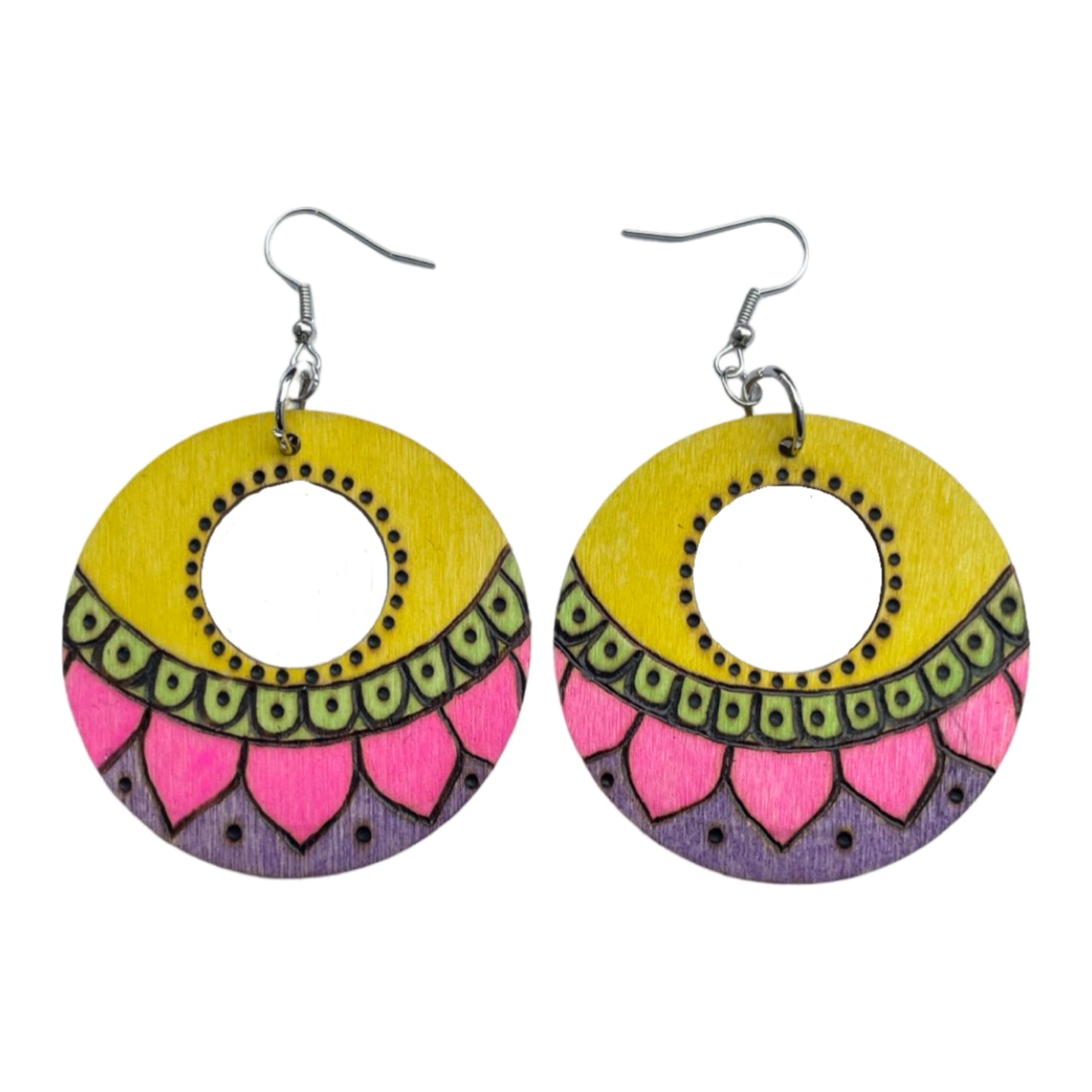 Pendientes de diseño Mandala hechos a mano madera quemada y pintada moda peso ligero redondo