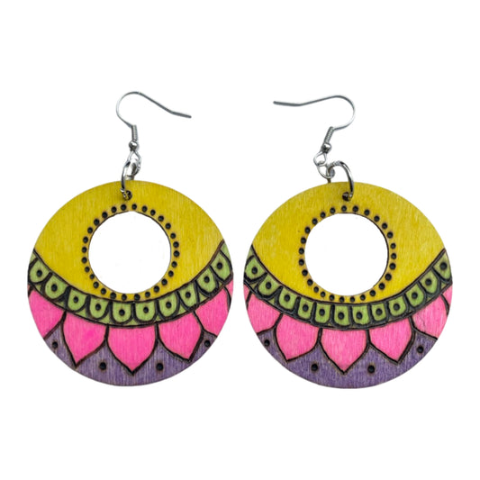 Pendientes de diseño Mandala hechos a mano madera quemada y pintada moda peso ligero redondo