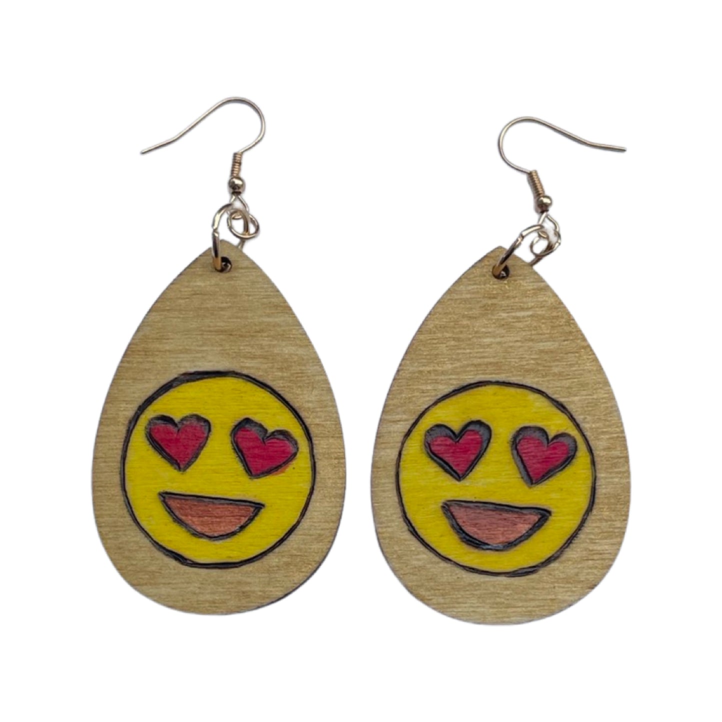 Smiley Face Heart Emoji Earrings Handmade Wood Burned and painted Fashion Light Weight Teardrop