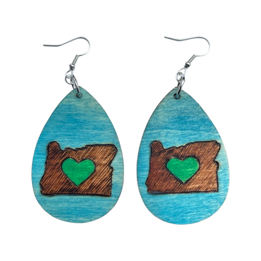 Pendientes de amor de Oregon hechos a mano madera quemada y pintada moda lágrima ligera