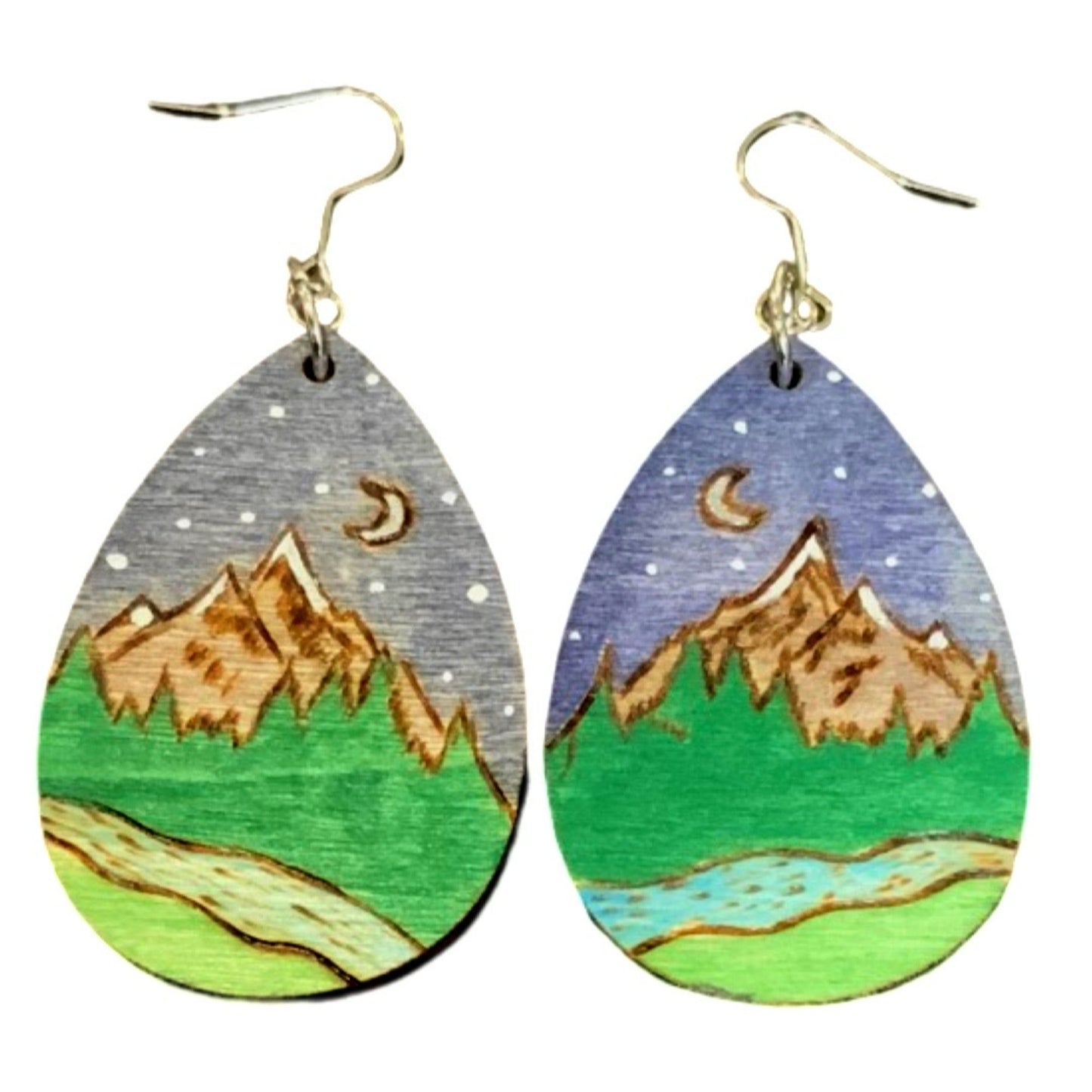 Mountains PNW Earrings Handmade Wood Burned and painted Fashion Light Weight Teardrop