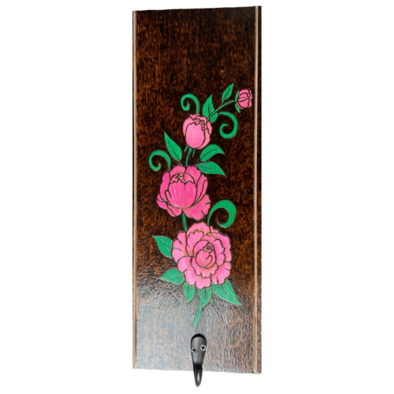 Floral Roses, Sunflowers, Peonies, Magnolia Flowers Wood Burning Art Coat Hanger Key Hanger - East West Art Creations