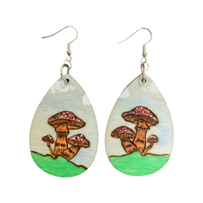 Pendientes de setas Madera hecha a mano quemada y pintada Moda Lágrima ligera