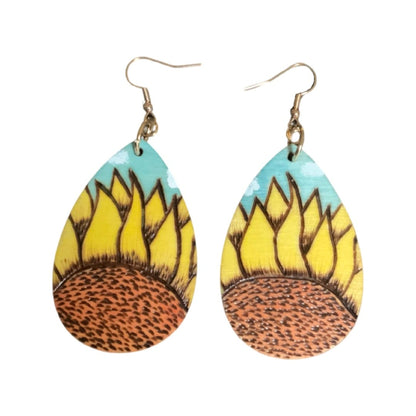 Pendientes de girasol Madera hecha a mano quemada y pintada Moda Lágrima ligera