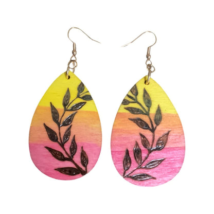 Pendientes Sunset Vine Madera hecha a mano quemada y pintada Moda Lágrima ligera