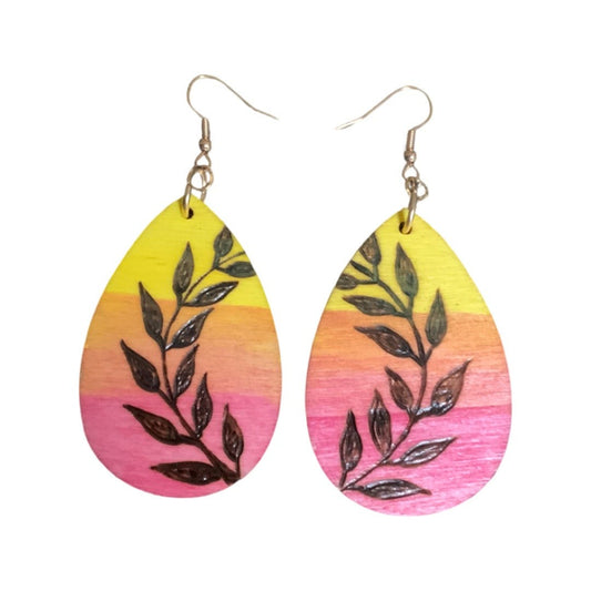 Pendientes Sunset Vine Madera hecha a mano quemada y pintada Moda Lágrima ligera