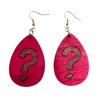Question Mark Earrings Handmade Wood Burned and painted Fashion Light Weight Teardrop