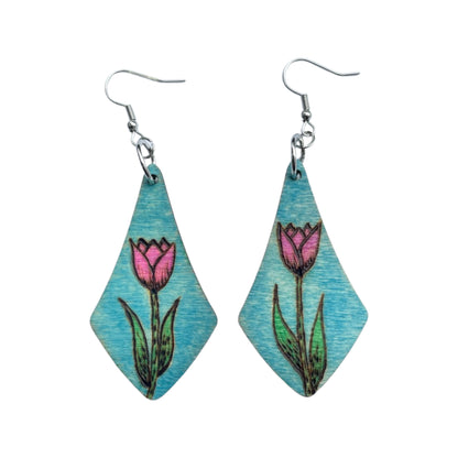 Floral Earrings Pink flowers Handmade Wood Burned and painted Fashion Light Weight Rain Drop