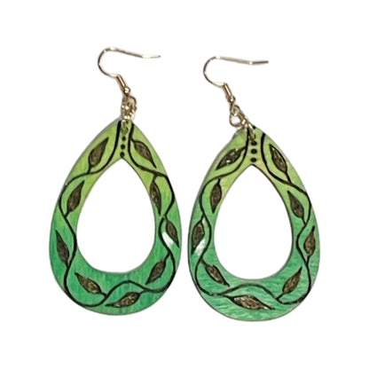 Vine Earrings Handmade Wood Burned and painted Fashion Light Weight Teardrop Hallow