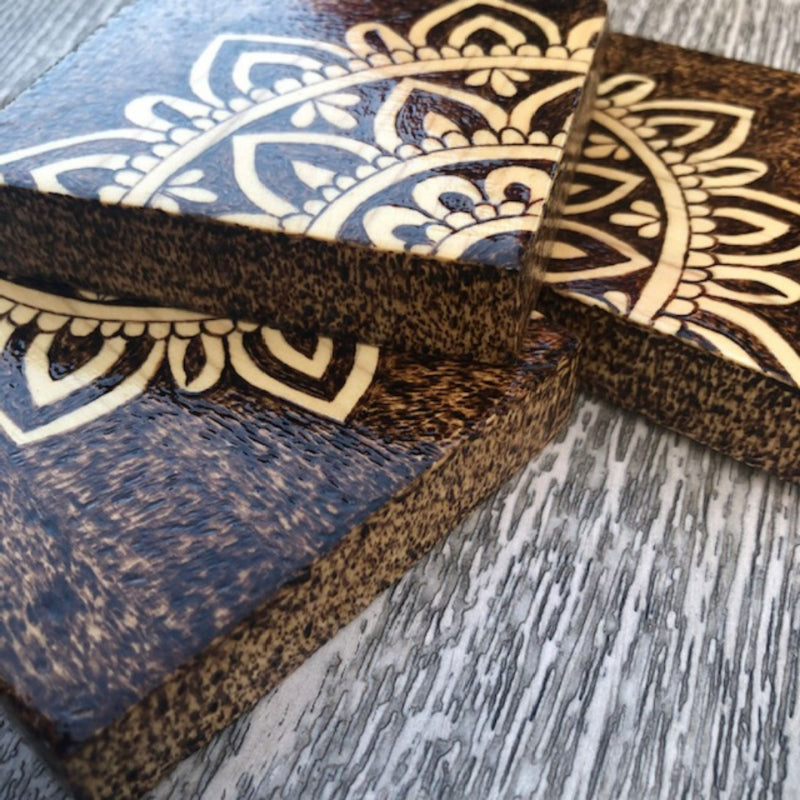 Set of 4 Wooden Coasters with Mandala Design Wood Burned Art - East West Art Creations
