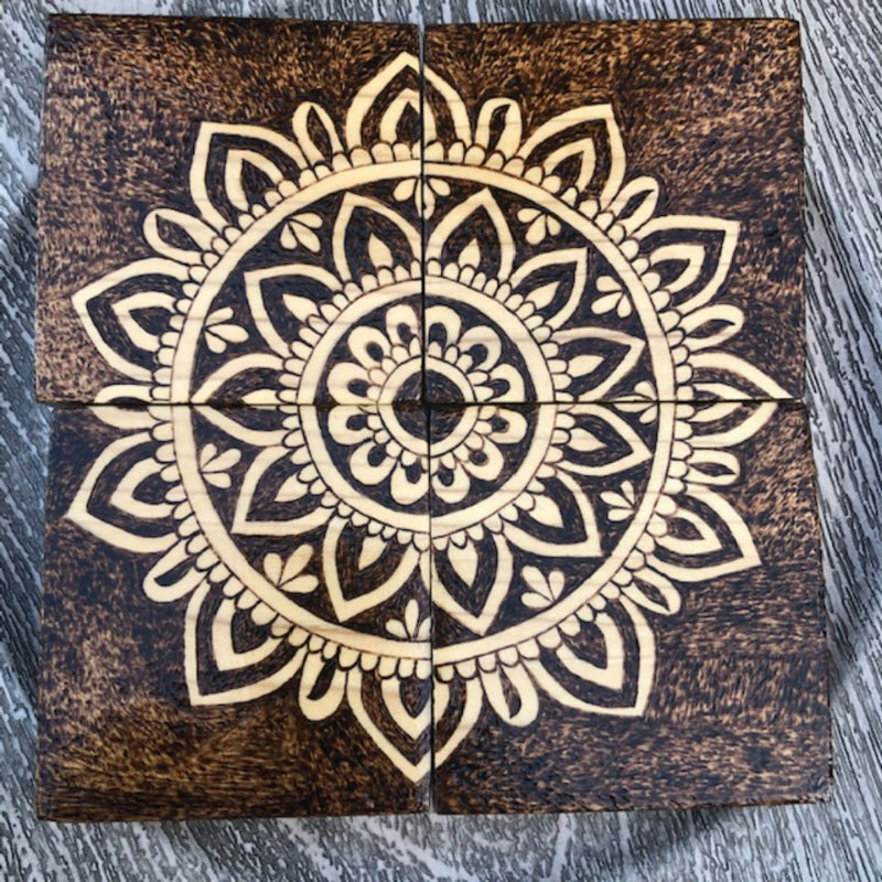 Set of 4 Wooden Coasters with Mandala Design Wood Burned Art - East West Art Creations