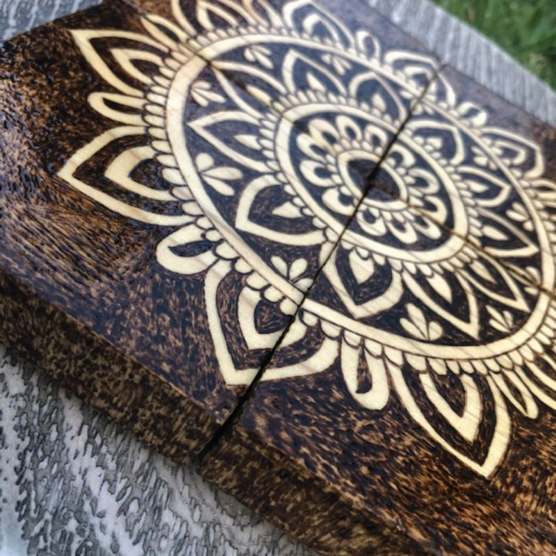 Set of 4 Wooden Coasters with Mandala Design Wood Burned Art - East West Art Creations