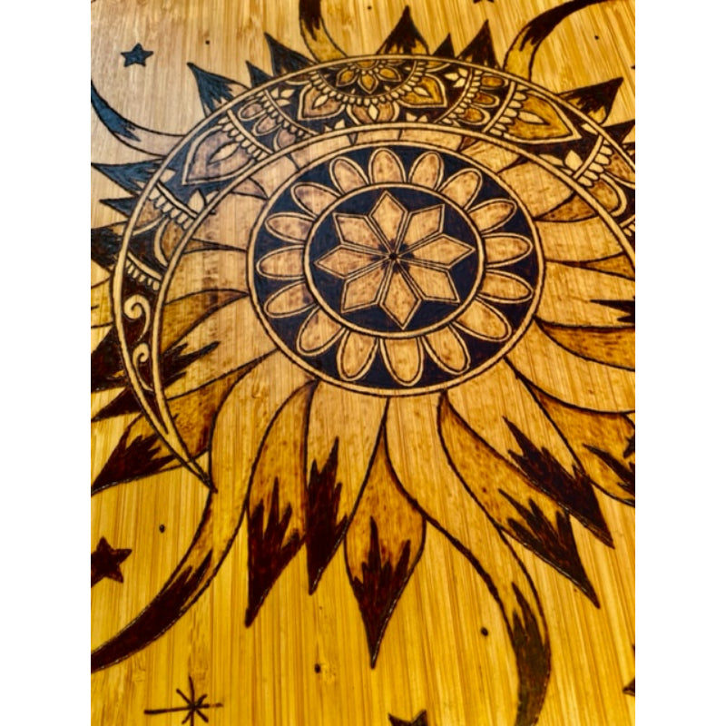 Sun and Moon with Stars Bamboo Cutting Board Wood Burned Art - East West Art Creations