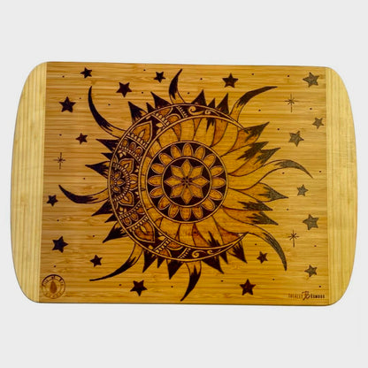 Sun and Moon with Stars Bamboo Cutting Board Wood Burned Art - East West Art Creations
