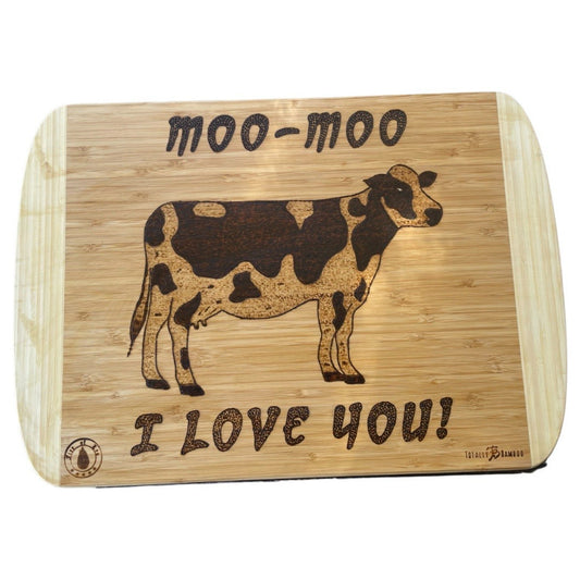 MOO-MOO I LOVE YOU Bamboo Cutting Board Wood Burned Kitchen Decor - East West Art Creations