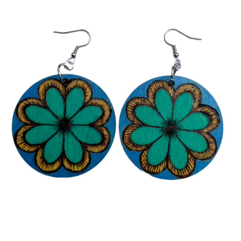 Turquoise Flower Earrings Handmade Wood Burned and painted Fashion Light Weight Round