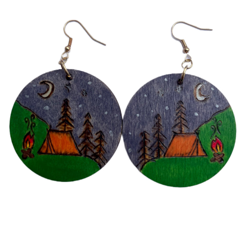 Pendientes de árboles de montañas hechos a mano madera quemada y pintada moda peso ligero redondo