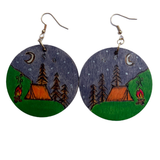 Pendientes de árboles de montañas hechos a mano madera quemada y pintada moda peso ligero redondo