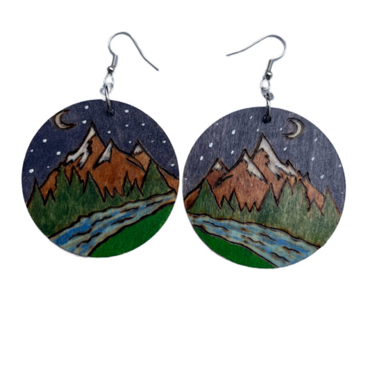 Mountains Earrings Handmade Wood Burned and painted Fashion Light Weight Round