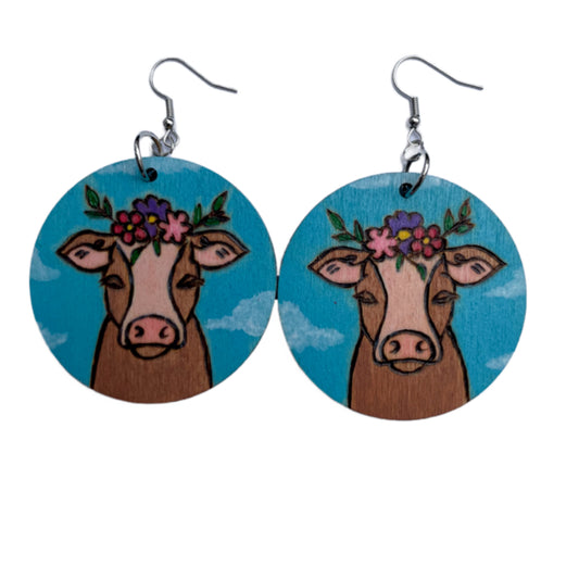 Earrings with a Floral Cow Design Lightweight Round Shape