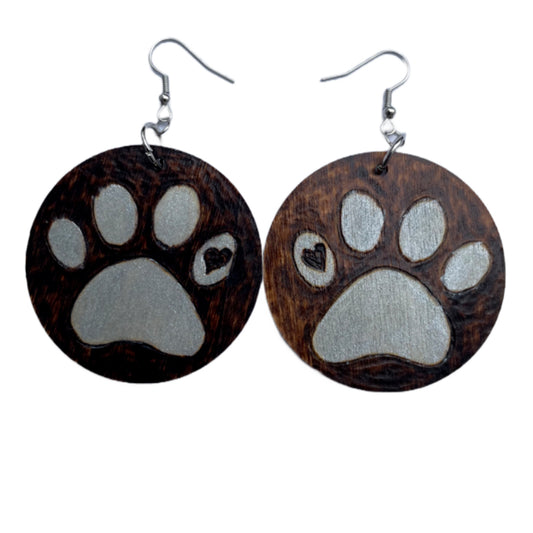 Paws Love Earrings Handmade Wood Burned and painted Fashion Light Weight Round