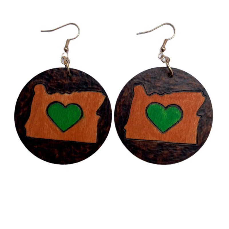 Oregon Love Earrings Handmade Wood Burned and painted Fashion Light Weight Round